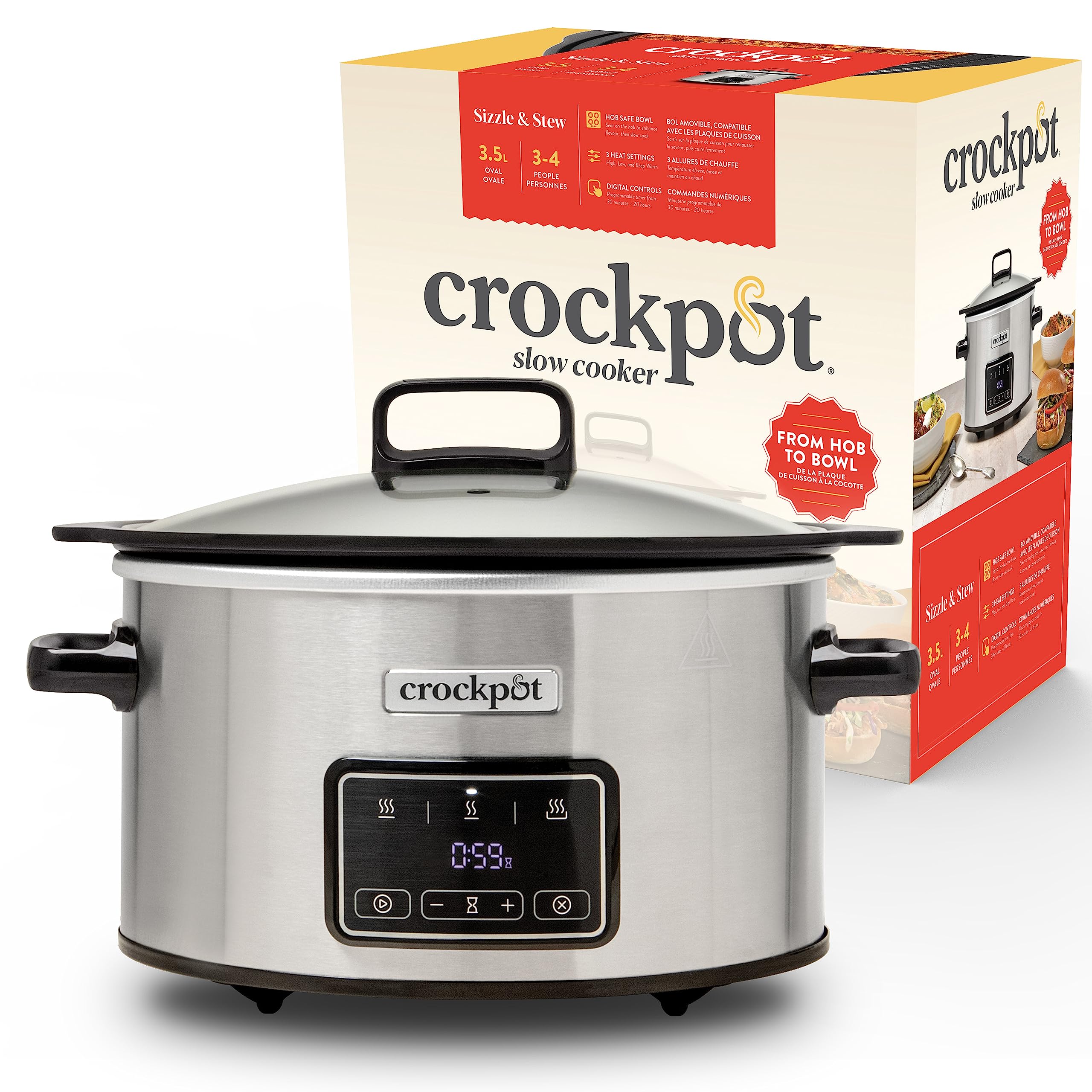 Crock-Pot Crockpot Sizzle & Stew Digital Slow Cooker | 3.5 L (3-4 Personnes) | Bol Amovible À Induction Pour La Cuisson Des Viandes Et Des Légumes | Prise Eu À 2 Broches | Acier Inoxydable [Csc111X]