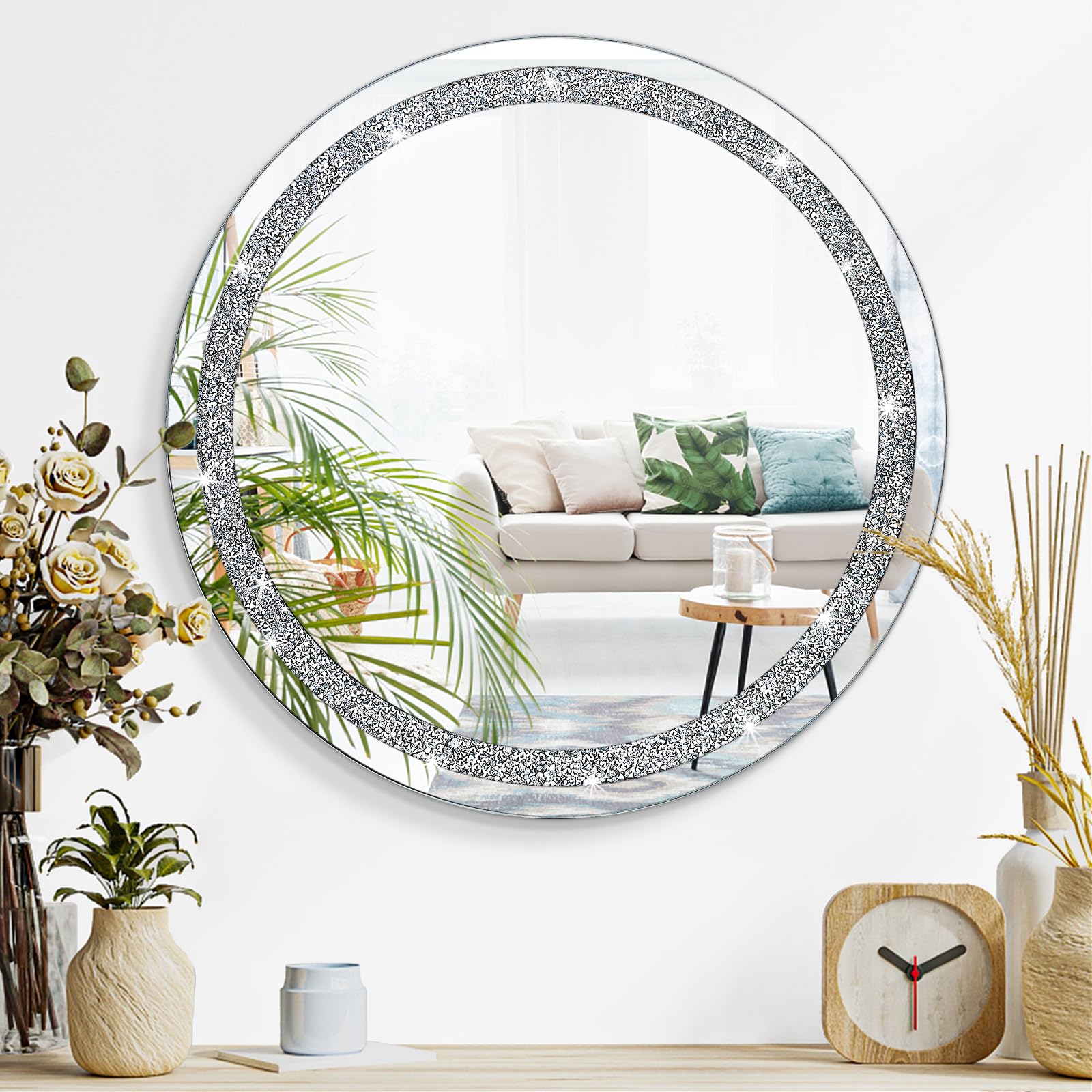 Lzuso Crystal Diamond Silver Mirrors for Wall Round Shaped Wall Hanging Mirror Frameless Bling Stylish Decoration Mirror for Vanity Home Bathroom Bedroom Living Room Hallway Decor
