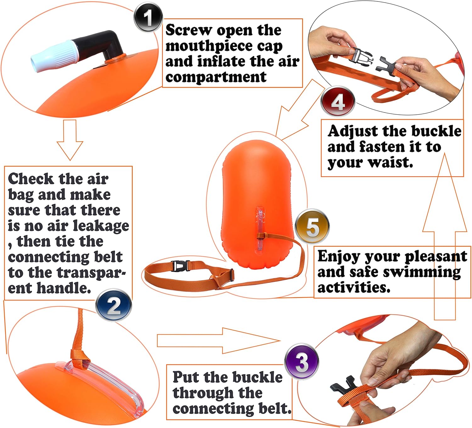 MARJAQE Swim Buoy for Open Water Swimmers Triathletes Kayakers Snorkelers, Swim Float and Drybag for Open Water Swim Buoy Float for Safer Swim Training (Orange) : Sports & Outdoors