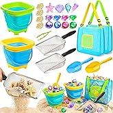 Beach Toys for Kids 24 Pcs Metal Sand Sifter Collapsible Beach Buckets Set | Stainless Steel Sand Shovel, Sandcastle Building Kit with Mesh Bag, Travel Sand Toys for Kids Age 3-10