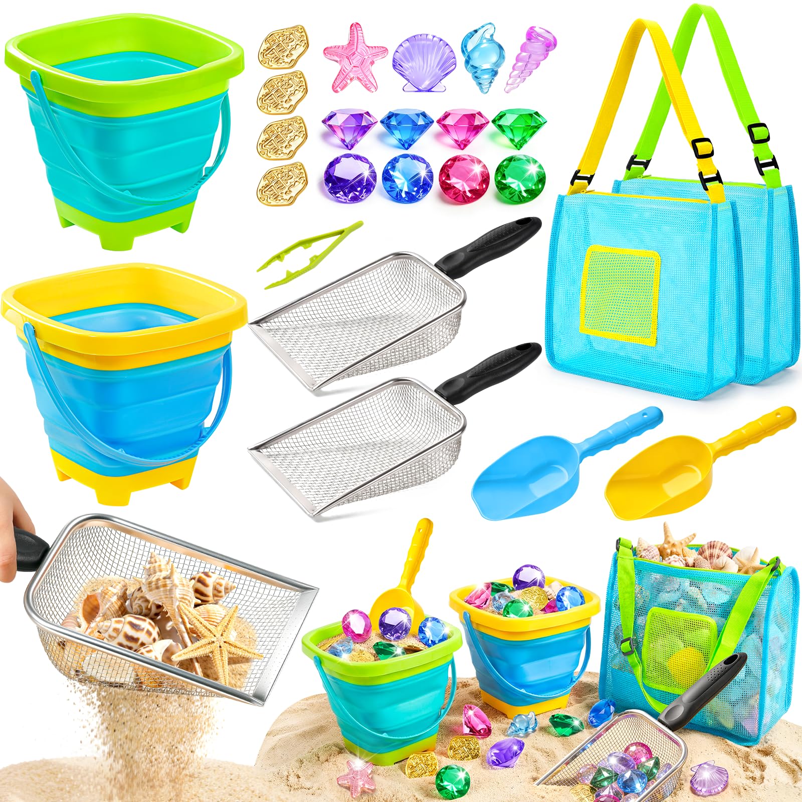 DISHIO Beach Toys for Kids, 25 Pcs Metal Sand Sifter & Collapsible Beach Buckets Set, Stainless Steel Sand Shovel, Sandcastle Building Kit with Mesh Bag, Travel Sand Toys for Toddlers Age 3-10