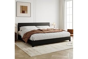 Allewie King Size Bed Frame with Adjustable Headboard, Faux Leather Platform Bed with Wood Slats, Heavy Duty Mattress Foundation, No Box Spring Needed, Noise-Free, Easy Assembly, Black