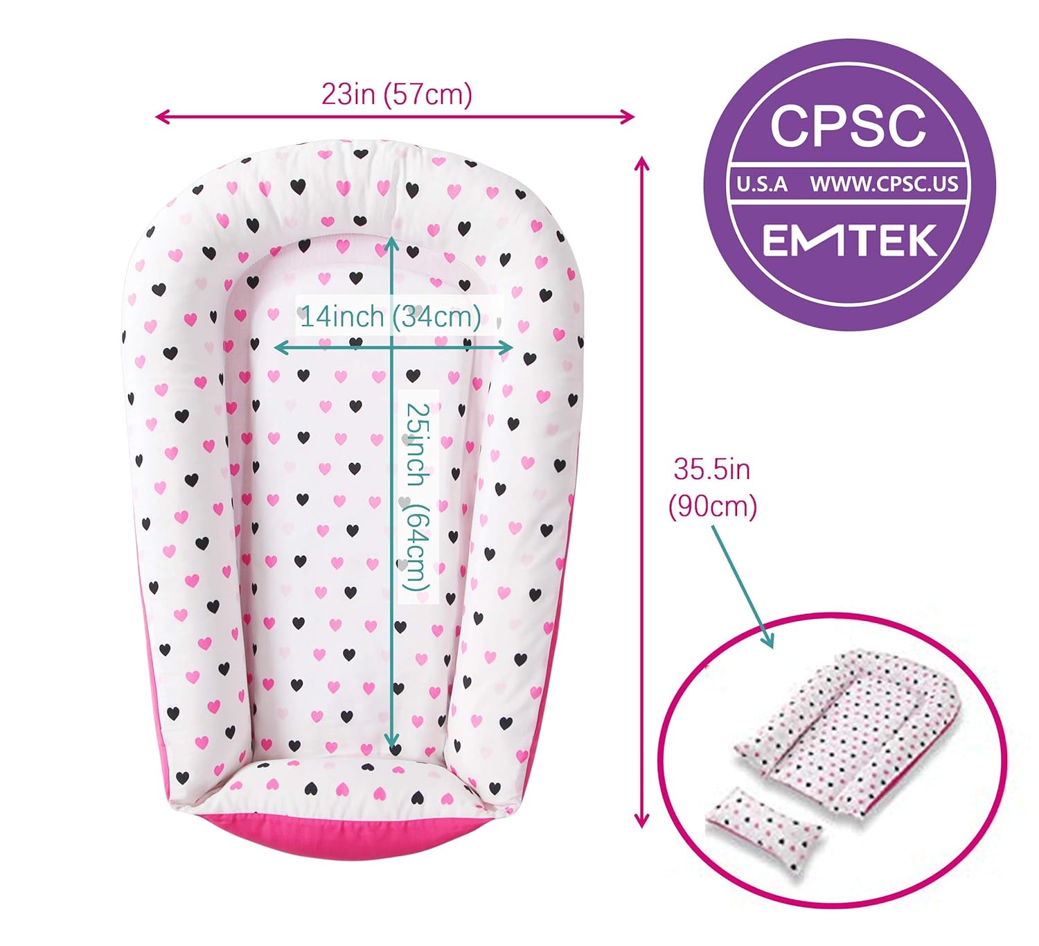 Premium Baby Lounger - Durable Cotton Blend Co Sleeper - Soft Portable Baby Nest Sleeper - Perfect for Co Sleeping and Travelling, Pink Hearts: Kitchen & Dining