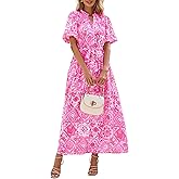 KIRUNDO Women Spring Summer Wedding Guest Boho Floral Maxi Dress Puff Sleeve Button Shirt V Neck Flowy Beach Vacation Dress