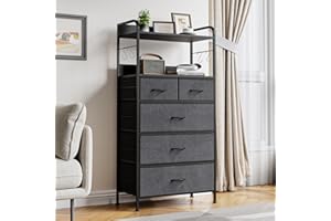 5-Drawer Fabric Dresser, Tall Storage Organizer with Metal Frame & Wood Top, Easy Pull Handle Modern Chest of Drawers for Bed