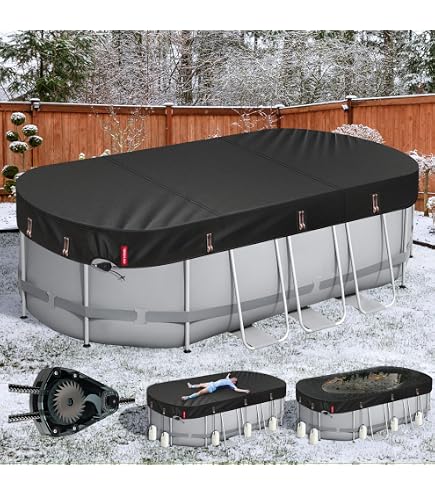 ColourTree Poolabdeckung Oval (3,7x7,3m) – Strapazierfähig, Wasserdicht, Mit Stahlseil & Winde
