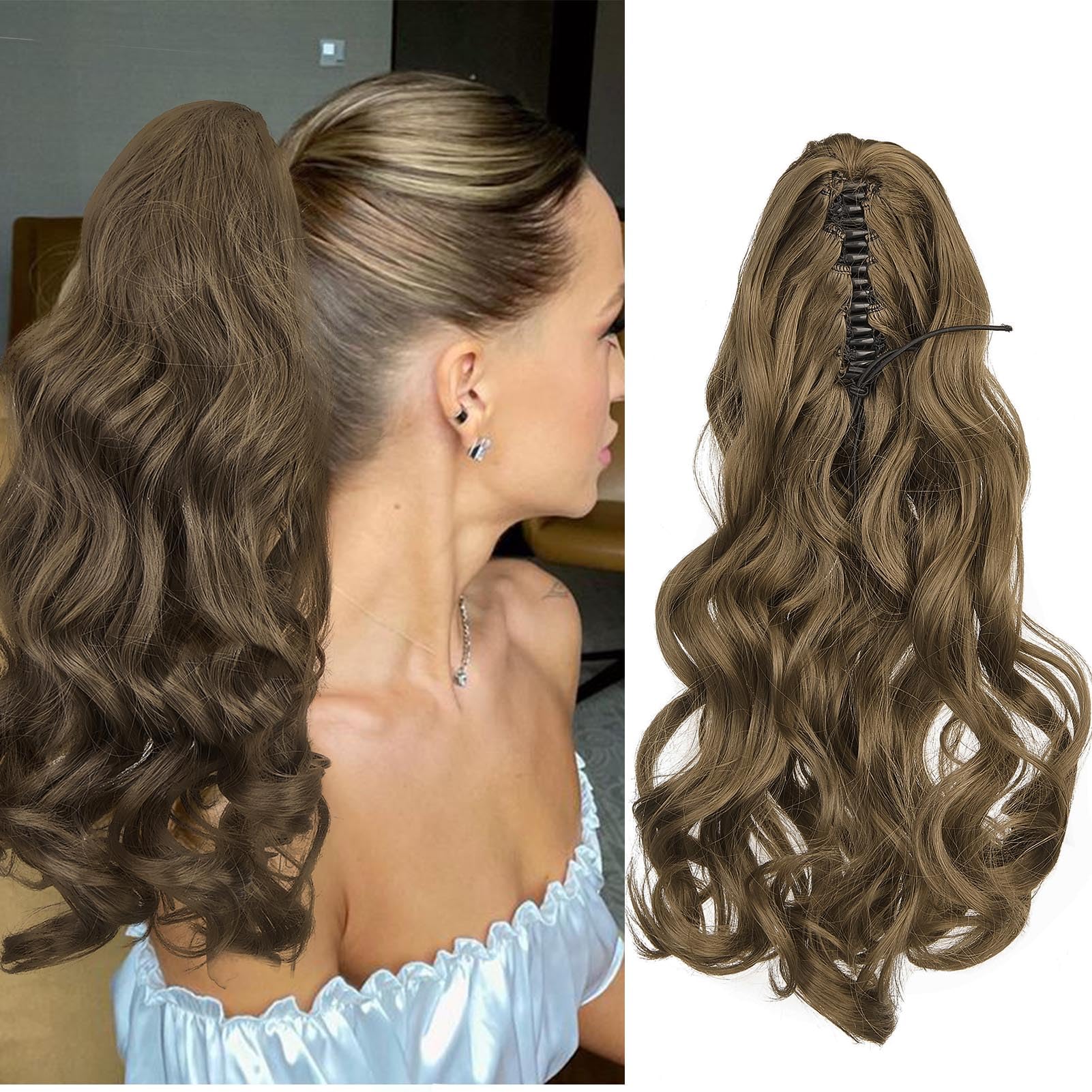 Cybelleza Ponytail Extension Curly Wavy Claw Jaw Pony Tail 18" One Piece Clip in Hair Extensions Ponytail Hairpiece Synthetic Long Natural for Women, Golden Brown
