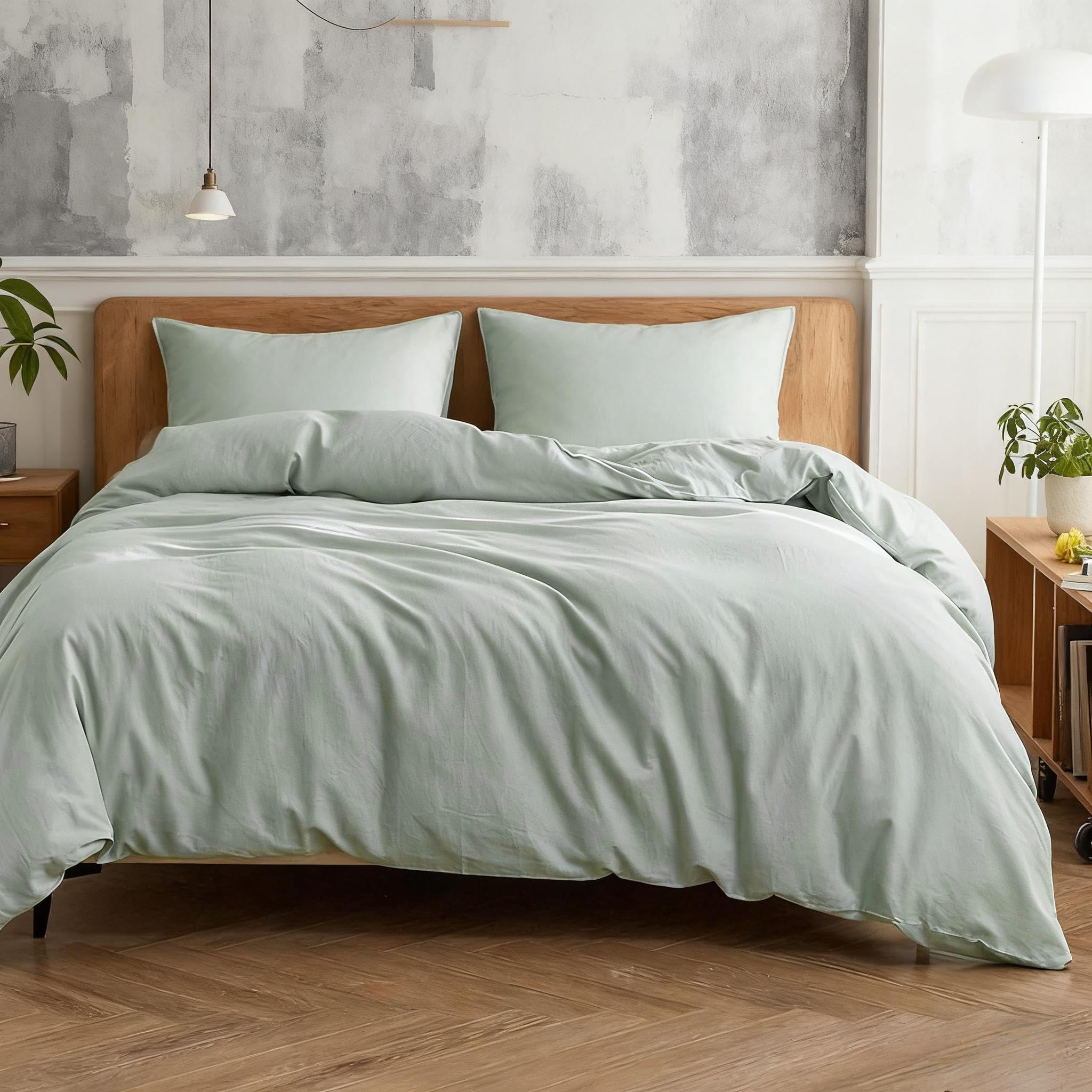Simple&Opulence Linen Duvet Cover Double,Natural Linen Cotton Duvet Cover with Pillowcase,Duble Size Bedding Set,Soft Warm Breathable Bed Quilt Cover with Button Closure,200x200cm,Mint Green — image 1