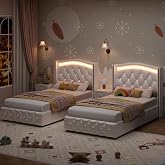 2 Set Upholstered Twin LED Bed Frame with Storage for Girl,White PU Leather | Crystal Button-Tufted Wingback Headboard,Princess Twin Size Platform Bed,2 Drawer,Needn't Box Spring,Noise-Free,Easy Assembly