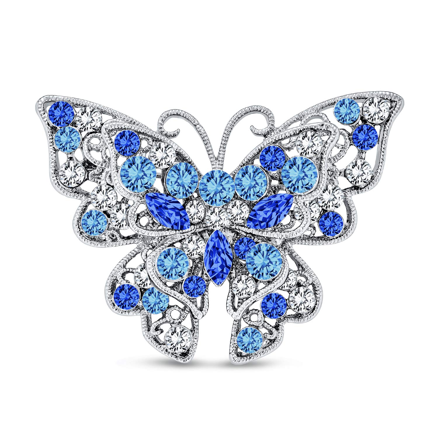 Large Blue Crystal Butterfly Brooch Pin for Women Fashion Statement Filigree Design Silver Plated Brass — image 1