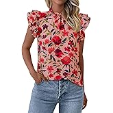 PRETTYGARDEN Women's Ruffle Short Sleeve Summer Tops 2026 Trendy Floral Trim Neck Casual Dressy Chiffon Boho Blouses Shirts