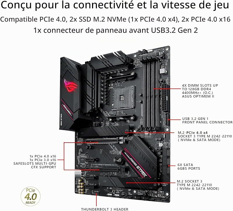 ROG Strix B550-F Gaming WI-FI II – Cartes mères Gaming AMD B550 Ryzen AM4 ATX (PCIe 4.0, 12+2 DrMOS, Intel 2.5 GB Ethernet, WiFi 6E, 2 x M.2, SATA 6 Gbps, USB 3.2 Gen 2, Aura Sync RGB)