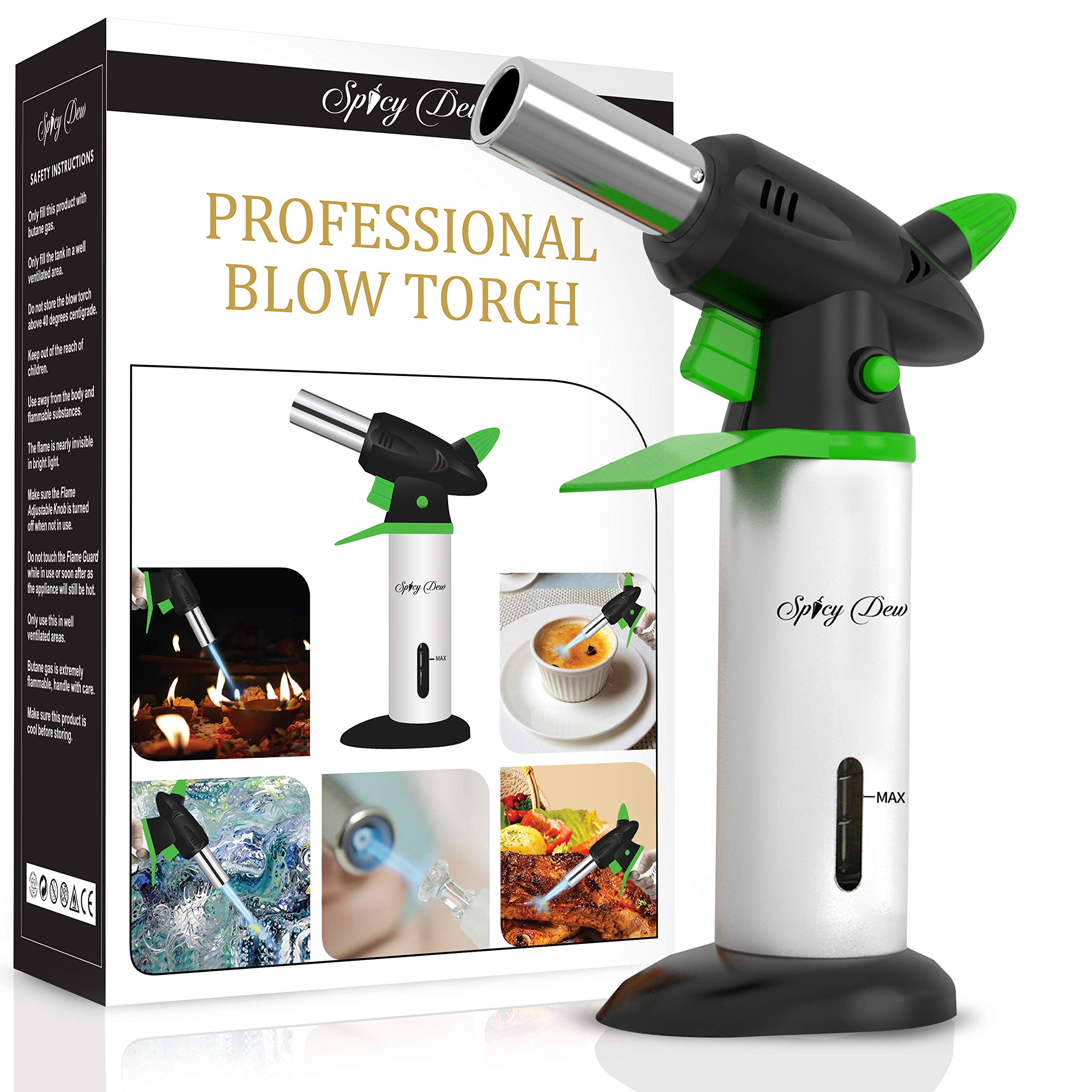 Spicy Dew Blow Torch - Creme Brulee Torch - Refillable Professional Culinary Kitchen Torch with Safety Lock and Adjustable Flame - Micro Butane Torch with Fuel Gauge - Cooking Food Torch