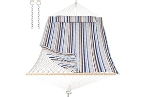 ANOW Outdoor Double Rope Hammock with Pad, Portable Hammock for Patio, Backyard, Beach, 450 LBS Weight Capacity, Blue Seaside