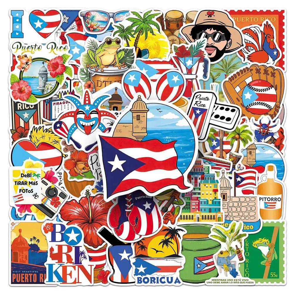Puerto Rico Stickers |50Pcs PR Puertorican Boricua Waterproof Vinyl Decals | Removable Reusable Peel and Stick Decation for W
