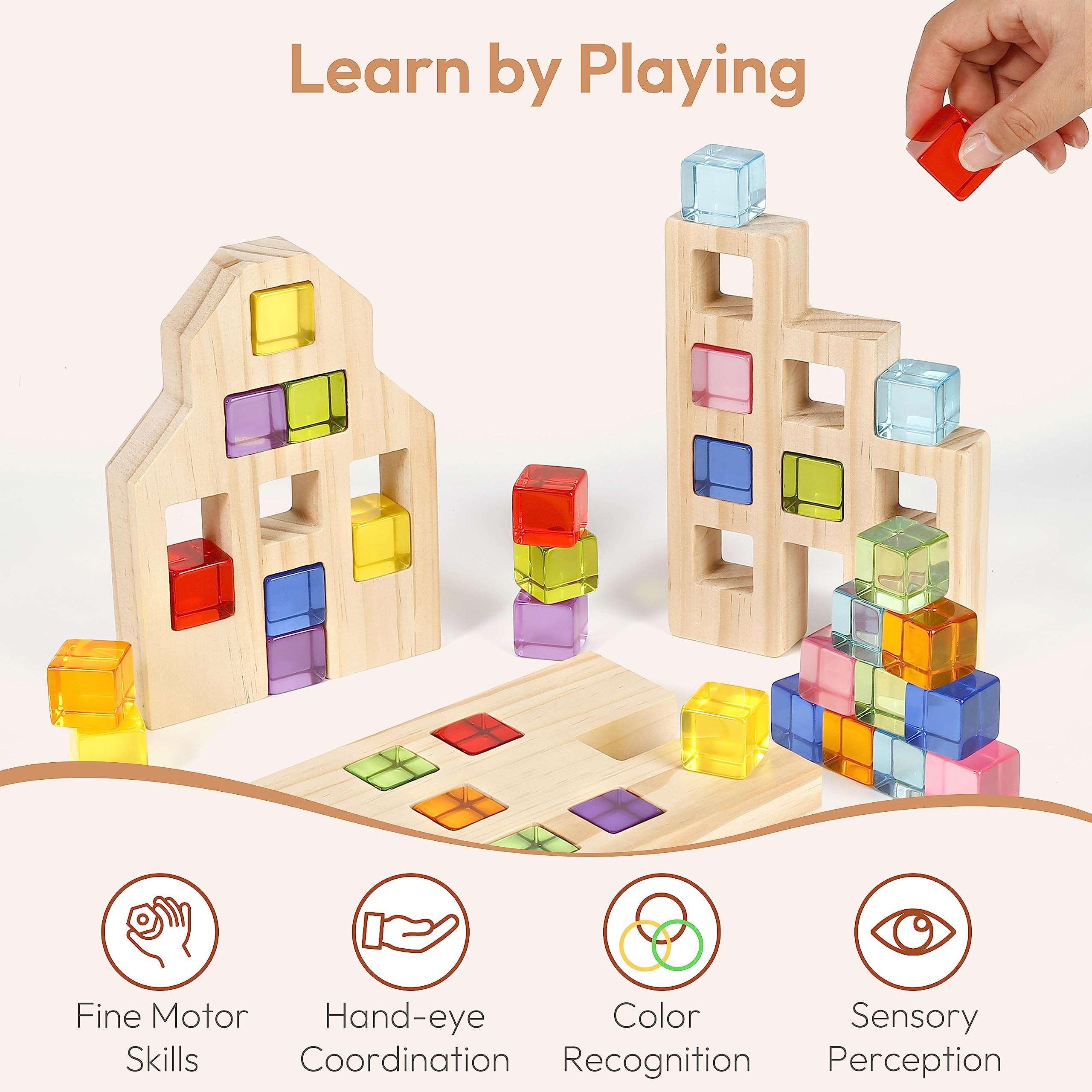 Woodtoe Wooden Building Blocks Set for Kids, 36 PCS Rainbow Acrylic Gem Cubes Blocks - 3 Wood House, Montessori Stacking Toy for Toddlers, Educational STEM Christmas Toys for Boys Girls 3-6