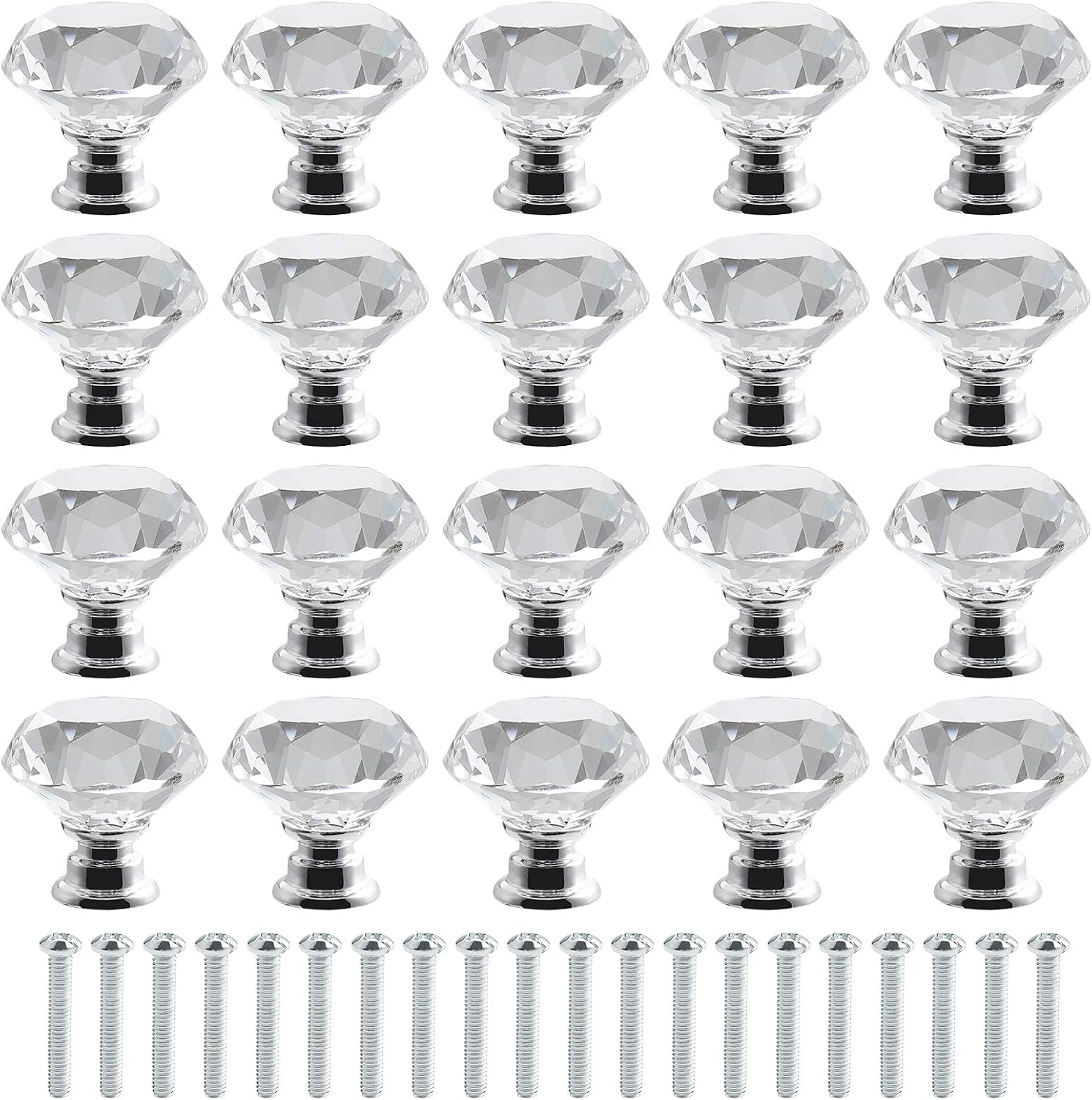 Fest 20pcs 30mm Transparent Crystal Glass Diamond Door Handle with Screws, high-end Light Luxury Handle for Wardrobe Cabinet Drawer Handle Single Hole Handle for Home Decoration