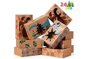 JOYIN 24PCS Christmas Cookie Boxes for Gift Giving, 8.5" x 5.75" x 2.75" Xmas Holiday Treat Cookie Tin with Window, 3 Designs Brown Foiled Kraft Bakery Boxes for Pastries, Cupcakes, Brownies, Doughnut