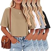 Riyiper 4 Pack Women's Half Sleeve Crop Tops Women Boxy Casual Crew Neck T-Shirts Loose Fit Tops Plain Summer Workout Tees