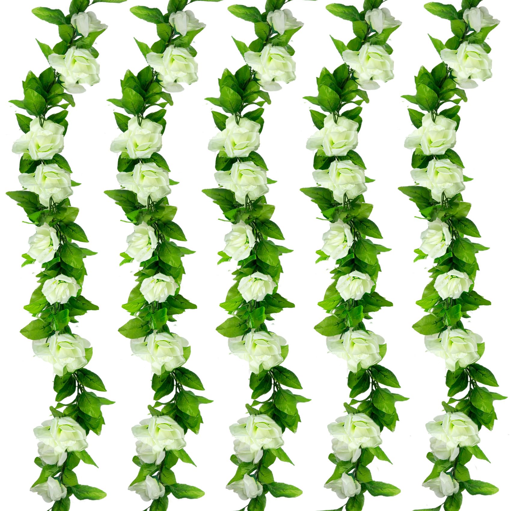 Huryfox Artificial Flowers Garlands - 5 Strand 230cm Long Artificial Flower Vines for Decorations, 9 Flowers per Strand, Faux White Rose Floral Arch for Home, Garden, Indoor/Outdoor Weddings, Parties