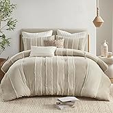 Ink+Ivy King Comforter Set Boho Comforters Stripes, Clipped Jacquard, Cotton Comforter for King Size Bed, All Season Poly Fill Lightweight King Bedding & Shams, Shay, King/Cal King, Taupe 3 Piece