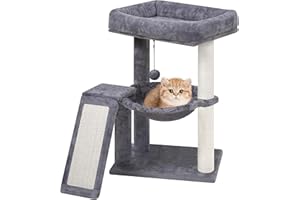 YOUPETSER YOUPET Cat Tree with Cat Scratching Post for Indoor Cats, Cat Tower with Scratching Board and Playful Toy Balls, Cat Tree Tower with Cozy Hammock,Grey