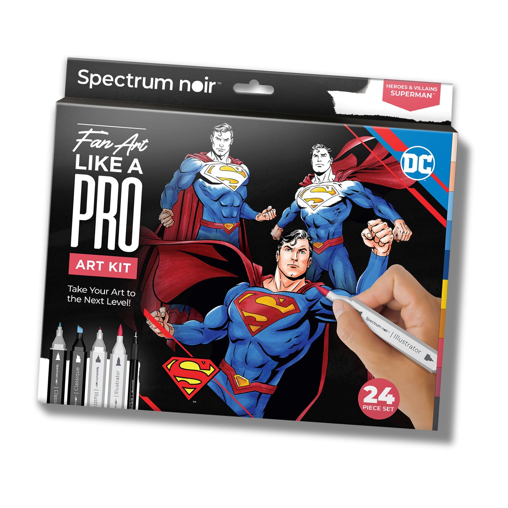 DC Comics Superman Art Colouring Set – Fan-Art Like a Pro Kit by Spectrum Noir –24 Pieces Including Premium Colouring Book, Art Markers & Liner Pens