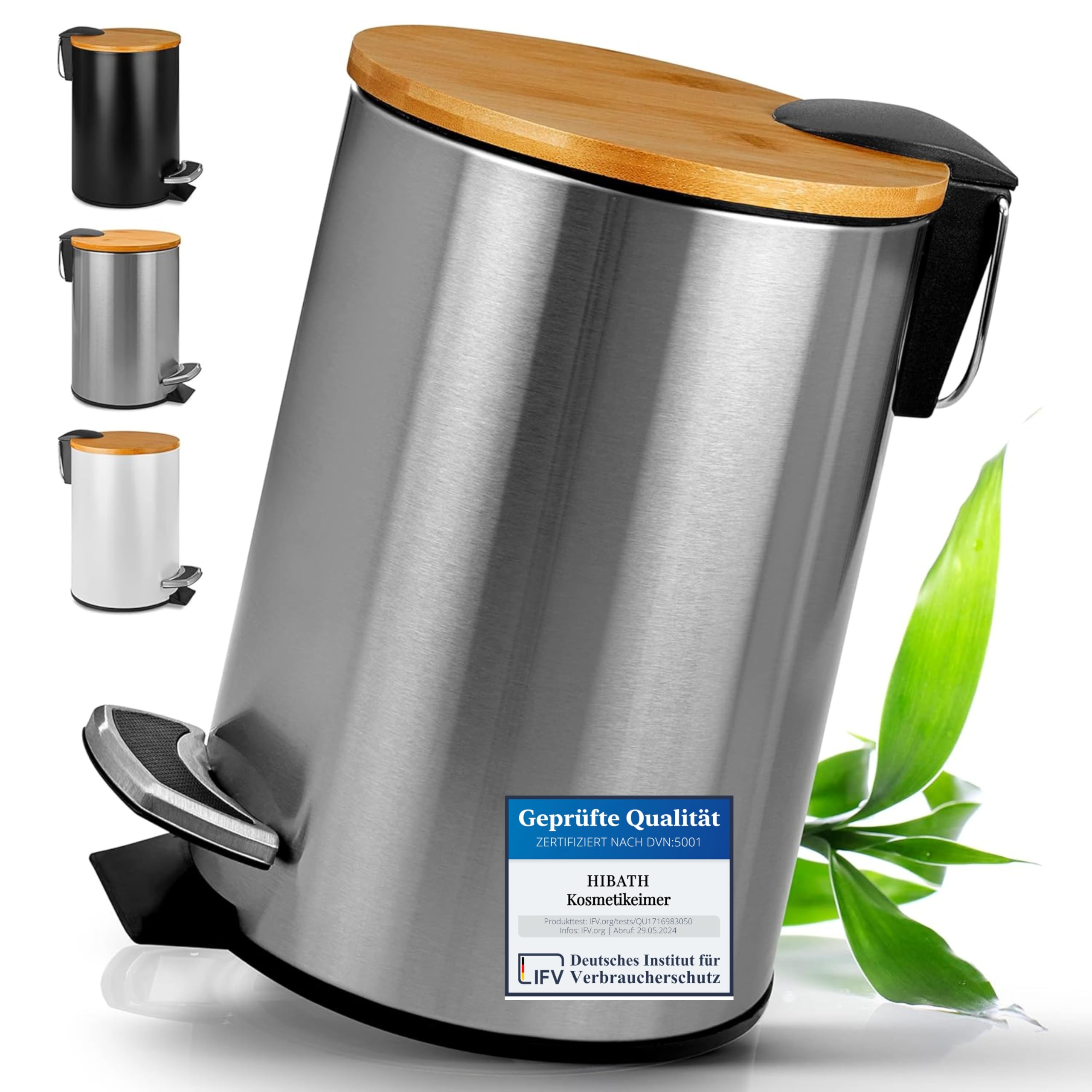 HIBATH Cosmetic Bin Made of Stainless Steel with Bamboo Lid (3 Litres, Silver) - Bathroom Waste Bin with Soft-Close Mechanism - Practical Rubbish Bin - Toilet Pedal Bin