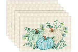 U'Artlines Fall Placemats Set of 6, Thanksgiving Teal Pumpkins Eucalyptus Leaves Buffalo Plaid Place Mats 12x18 Inch Autumn Harvest Farmhouse Table Mats for Home Holiday Party Dining Table Decor