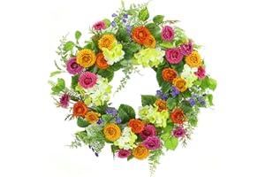 FURISIN 20" Spring Wreath Summer Wreath with Daisy Flower Pink Yellow Orange Daisy &White Hydrangea Wreath,Suitable for Front Door Indoor Wall Window Decor an