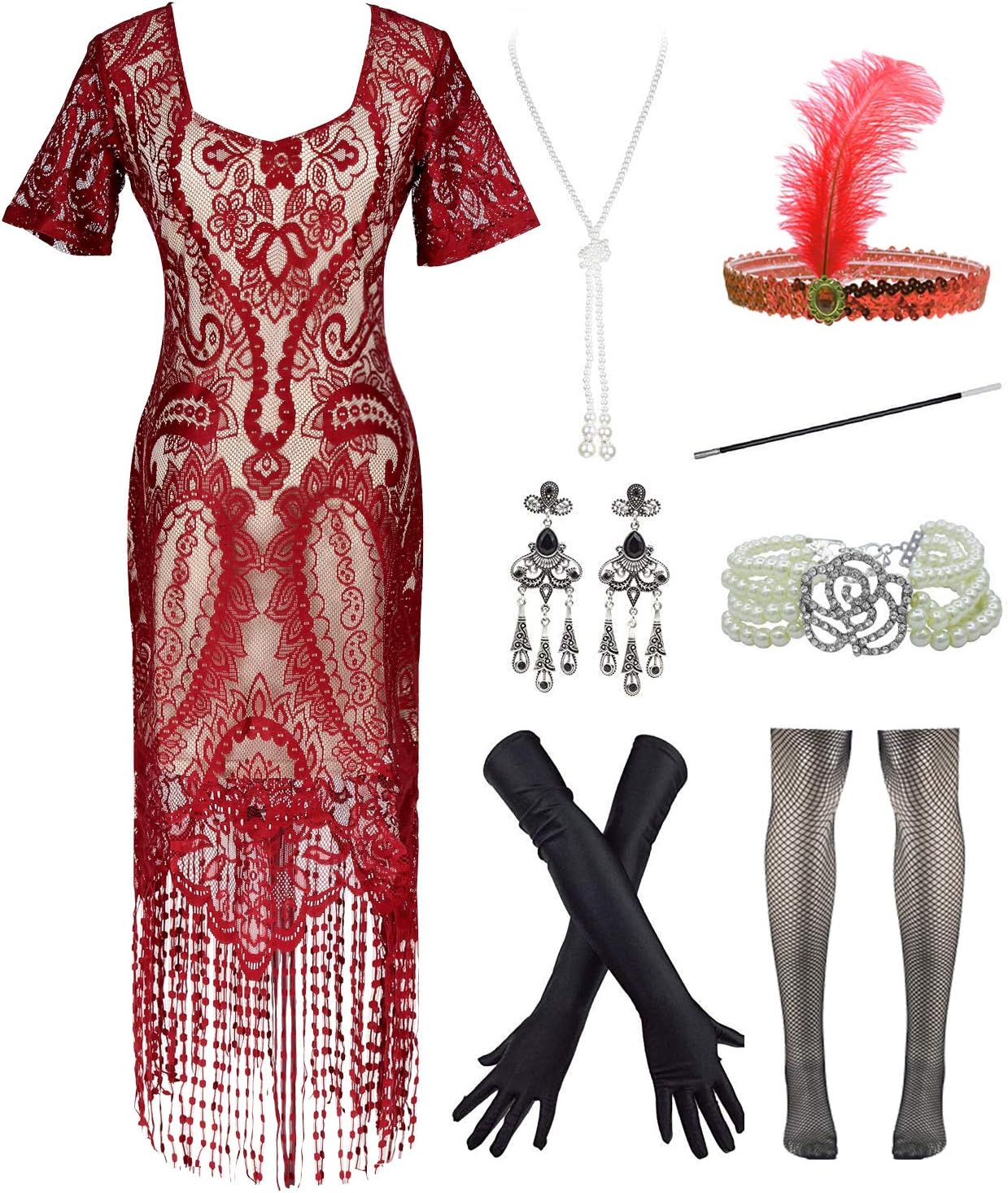 Womens Vintage Lace Fringed Gatsby 1920s Cocktail Dress with 20s Accessories Set