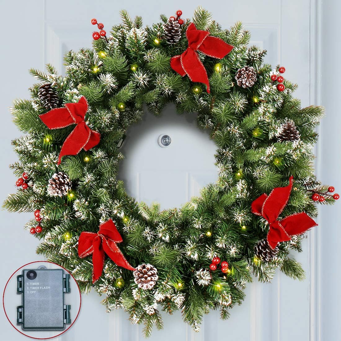 ANOTHERME 24 Inch Pre-lit Christmas Wreath, Red and Gold Ball Berries Pine Core, Artificial Door Wreath 50 Clear LED Lights with Timer