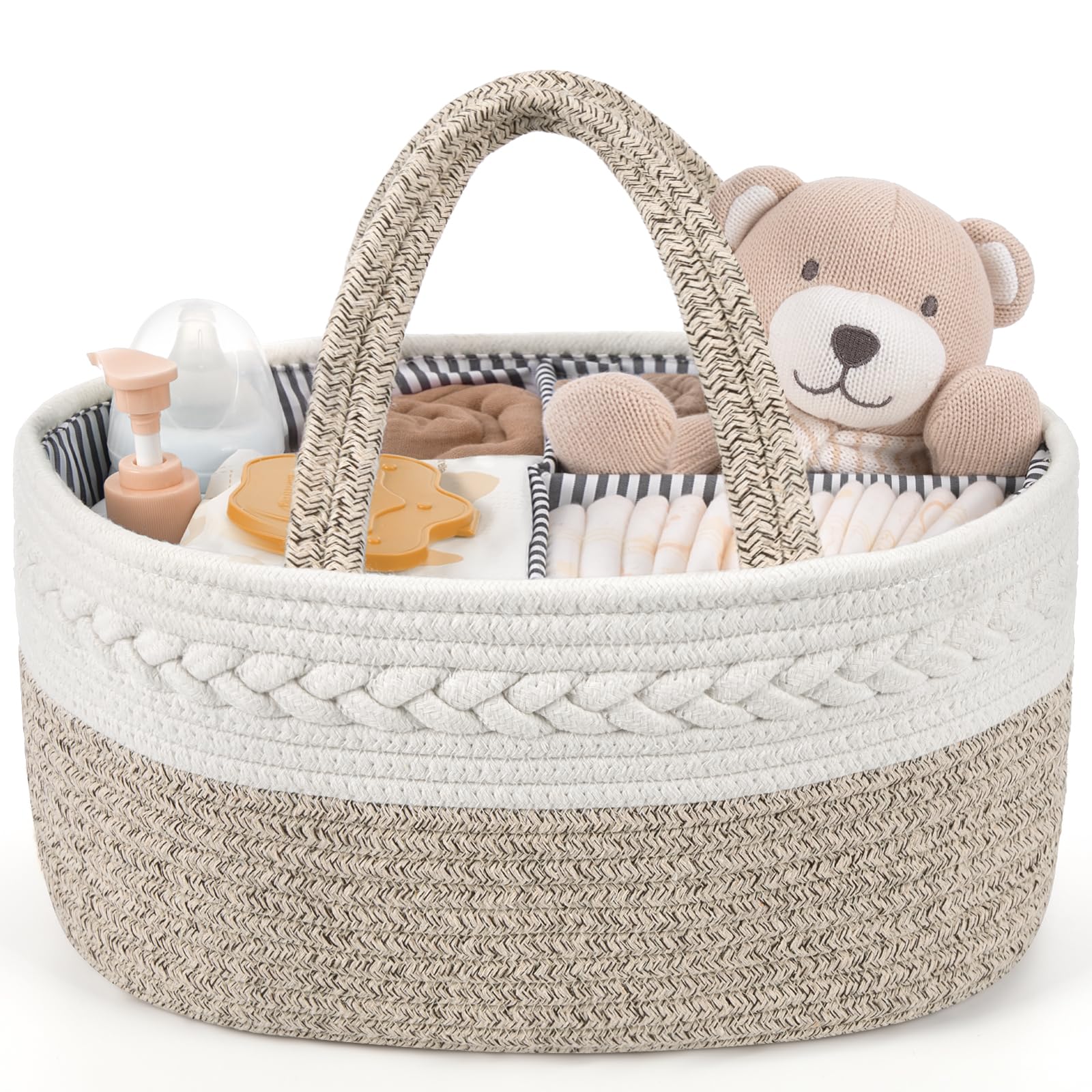 Maliton Nappy Caddy，Large Newborn Essentials Diaper Caddy，Cotton Rope Sturdy Portable Baby Caddy Storage Basket with Removable Compartments，Nappy Organiser as Baby Shower Gifts for Newborn
