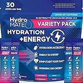 HydroMATE Electrolytes Powder Drink Mix Packets Hydration Accelerator Low Sugar Party Favors for Rapid Recovery Vitamin C Plus Caffeine Variety Pack - 30 Count
