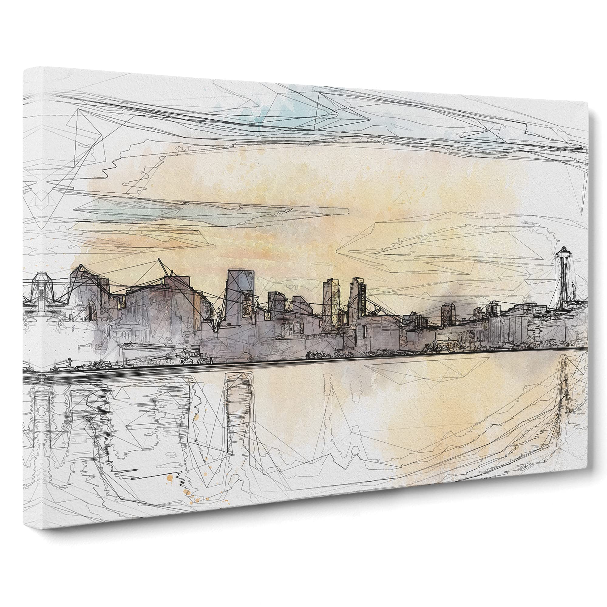 Reflection Of The Seattle Skyline Canvas Print | Gallery Wrapped 30mm Frame Wall Art | 20x14 inches | Ready to Hang | Abstract Cityscape Picture | Living Room Bedroom Lounge Office