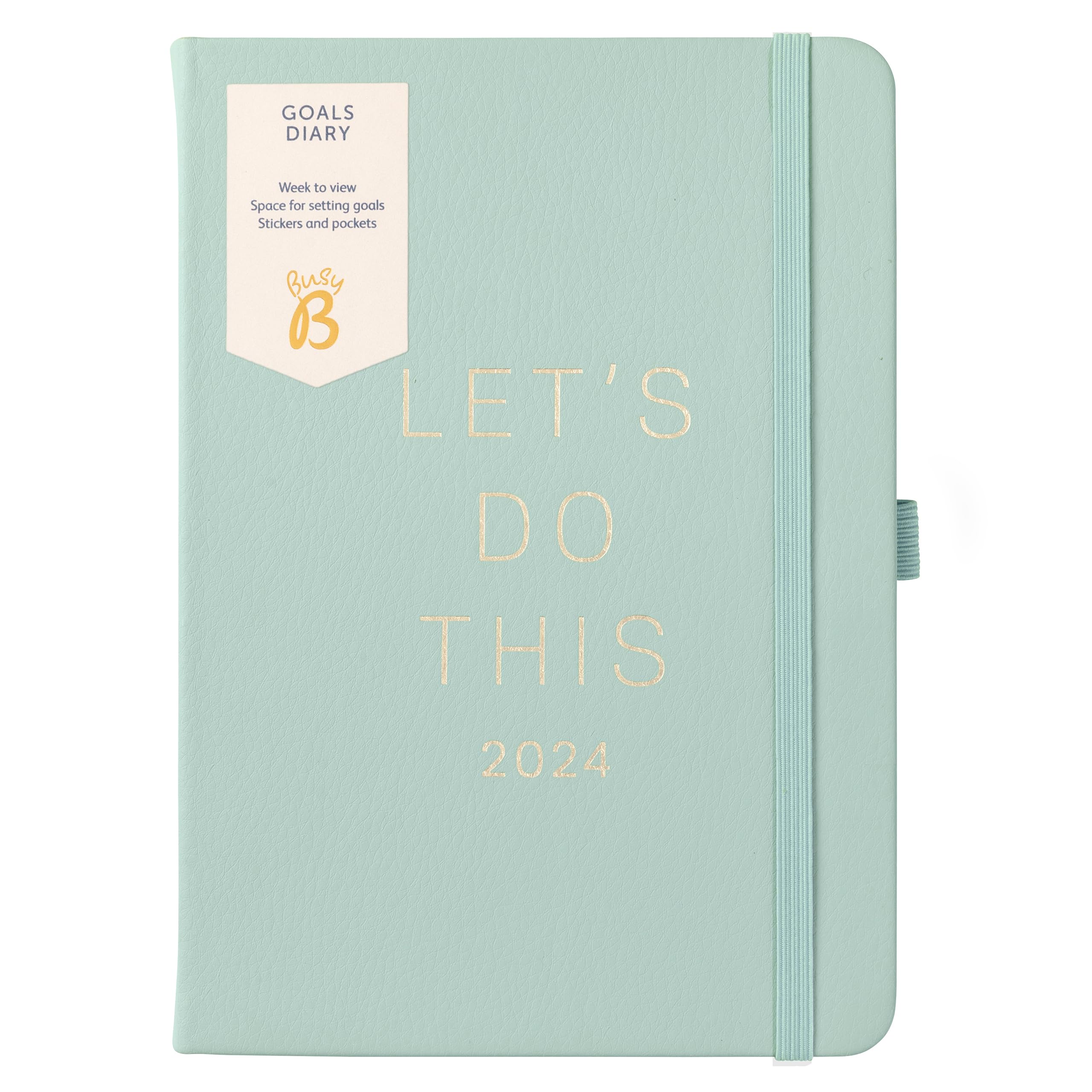 Busy B Goals Diary January to December 2024 - A5 Sage - Faux Leather Week to View Goal Setting Planner with Stickers, Pockets & Notes — image 1