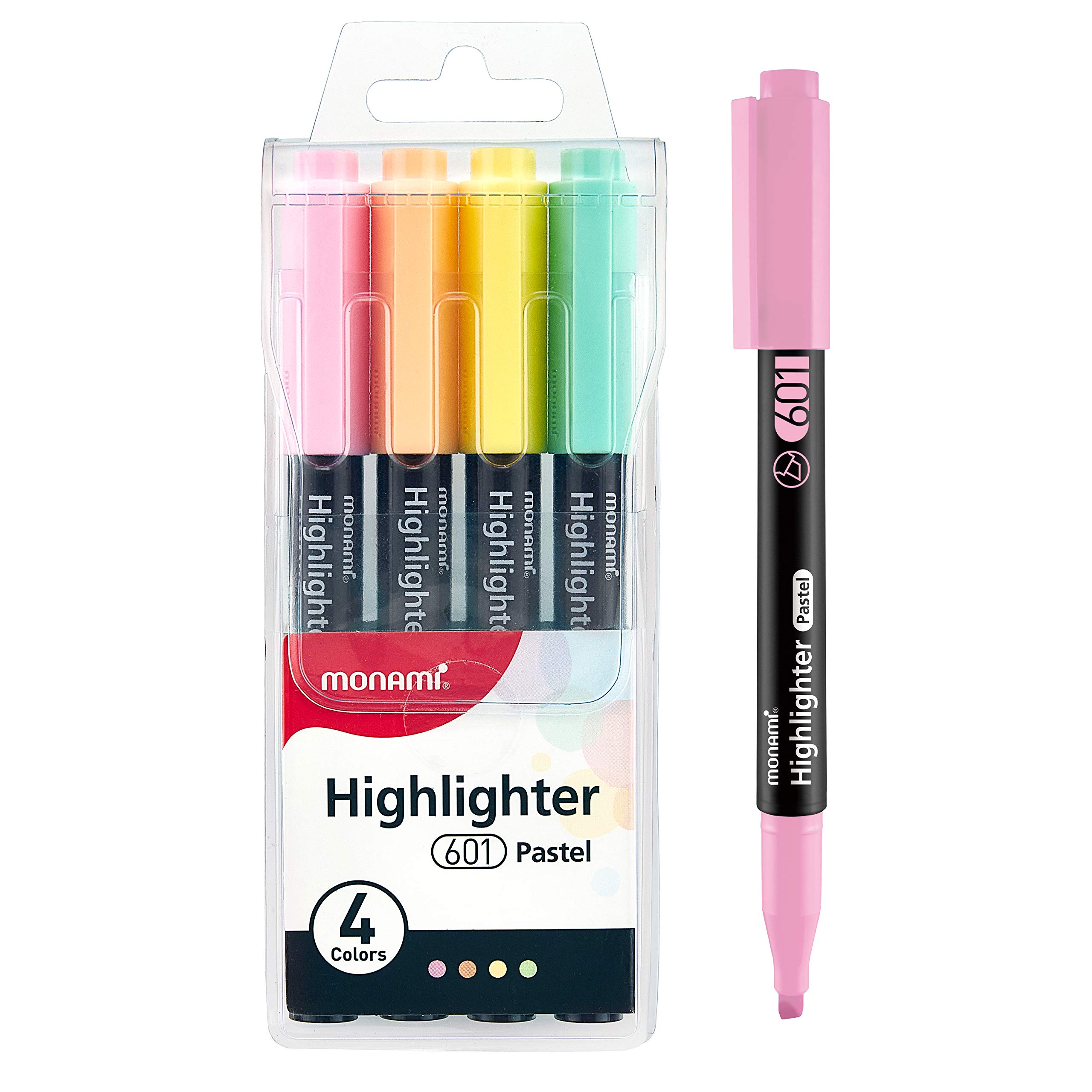 MONAMI Highlighter 601 Pastel, Chisel Tip (1~4mm), Fade-resistant, Pastel Ink Highlighters, Assorted Colors, 4-Pack