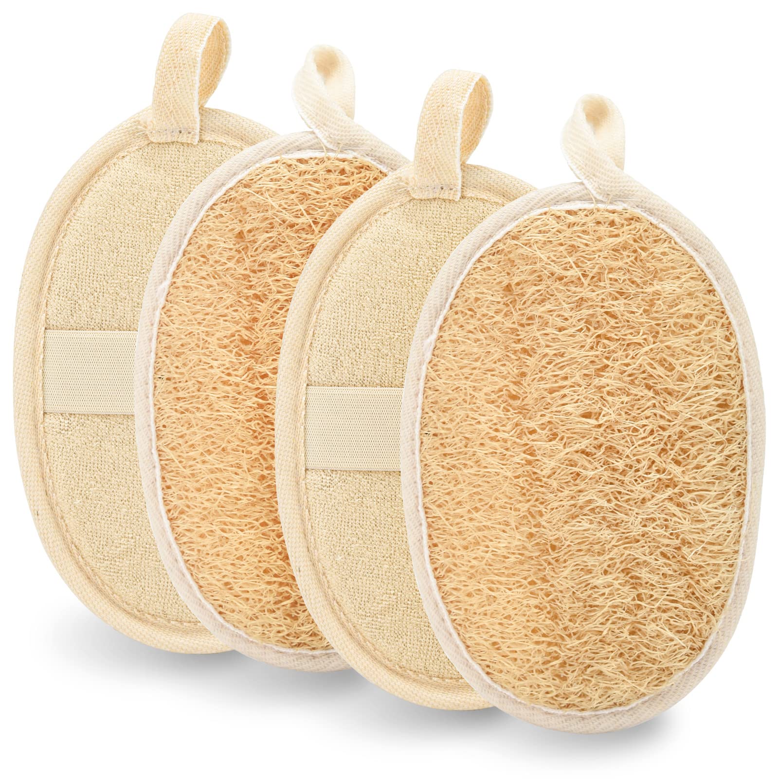 olyee Natural Exfoliating Loofah Sponge, 4 Pack Natural Luffa and Terry Cloth Materials Loofa Sponge Scrubber Brush Close Skin Biodegradable Shower luffa Pad, Beige