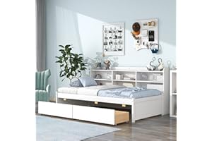 BELLEMAVE Twin Bed with Storage Bookcase and Drawers Wood Platform Bed with Sideboard Twin Size Daybed Frame for Youths Teens Boys Girls Kids, White