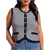 Verdusa Women's Plus Size Striped Button Down Sweater Vest Sleeveless Crew Neck Knit Tank Top