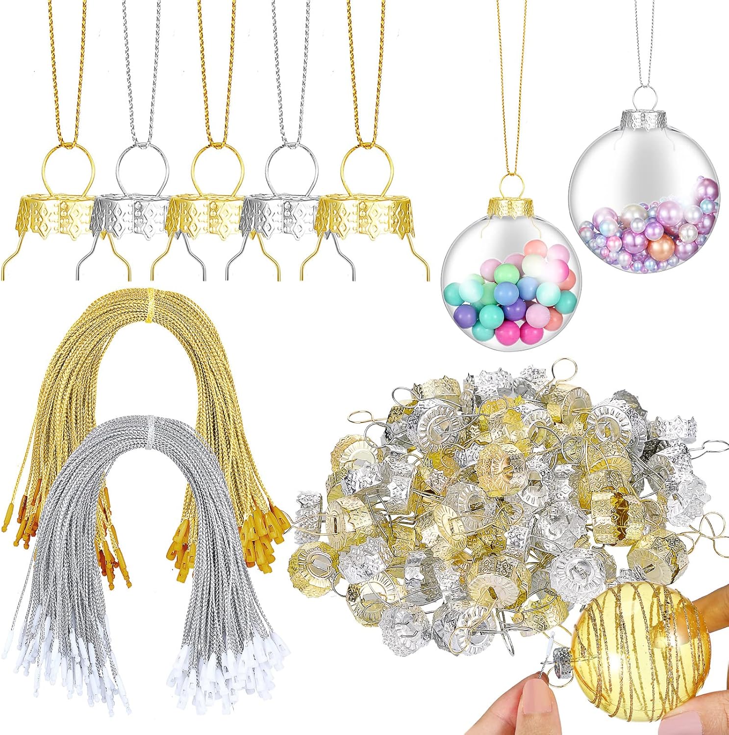 Ornament Hooks - 300 Pack Round Christmas Ornament Caps and Christmas Ornament Hangers String Set Silver and Gold Christmas Hangers Caps Ribbon Ornament Hook Snap Locking Fasteners for Christmas Tree DIY Decorations