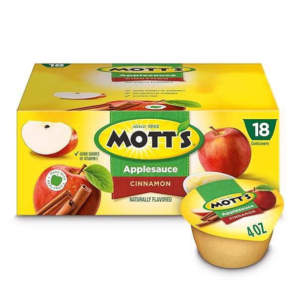 MOTT’S CINNAMON APPLESAUCE, 4 OZ CUPS, 18 COUNT, NO ARTIFICIAL FLAVORS, GOOD SOURCE OF VITAMIN C, NUTRITIOUS OPTION FOR THE WHOLE FAMILY