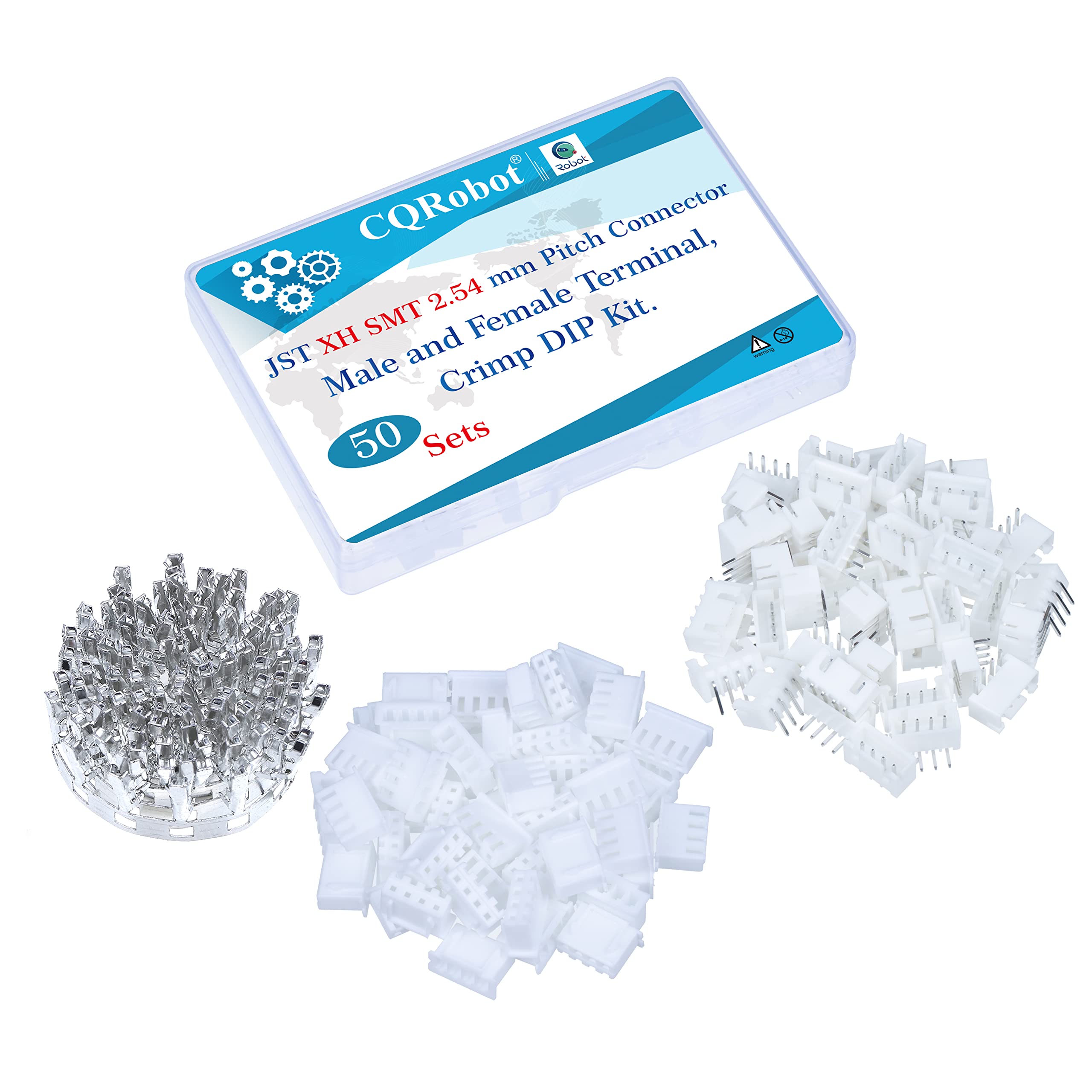 CQRobot JST XH SMD 2.54 mm Pitch 4-Pin Electronic Computer Connector IC Male Plugs, Female Sockets Housing and T-Shaped Crimp Terminal Kit. 50 Sets/300 Pieces Wire-to-Board Adapter Cable Assembly.