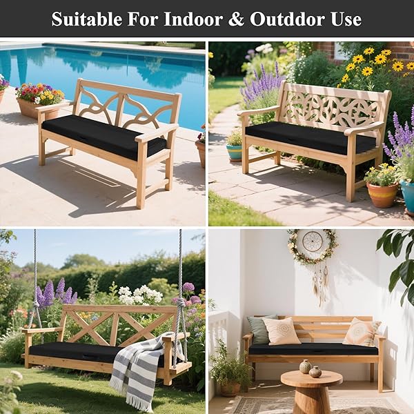 SHACOS OUTDOOR BENCH CUSHION WATERPROOF FADE RESISTANT PATIO FURNITURE CUSHIONS WITH HANDLE FOR SOFA AND CHAIR (BLACK, 48 X 18 X 3.2 IN)