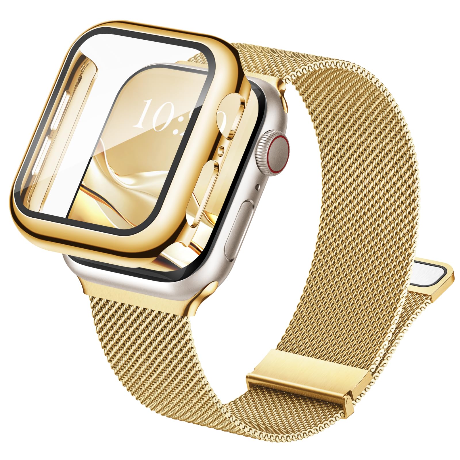 Raradev 3-in-1 Compatible with Apple Watch Metal Straps Series 11 10 42mm with Case & Screen Protector, Dual Magnetic Band and Protective Cover with 9H Tempered Glass for iWatch Series 11 10, Gold