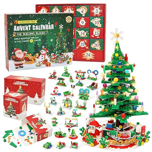 Miunana Advent Calendar 2025 Christmas Tree Building Toy Set with LED light, Christmas Countdown Calendar 24 Days Surprise Boxes Building Block for Kids Adult Home Decor Party Favor Creative Gifts