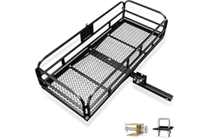 AKHAL-TEKE Hitch Mount Cargo Carrier Basket 500 LBS Folding Vehicle Cargo Baskets 60" x 24" x 14" Fits 2" Receiver with 2" Hitch Stabilizer for SUV, Pickup Truck, Trailer