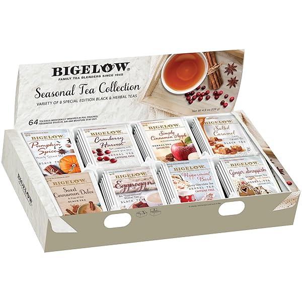 BIGELOW TEA SEASONAL TEA COLLECTION, CAFFEINE TEA VARIETY PACK GIFT SAMPLER, HOLIDAY TEA GIFT SET, 64 COUNT BOX (PACK OF 1), 64 TEA BAGS TOTAL