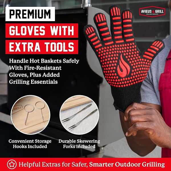 AVIEUS GRILL ROLLING GRILL BASKET | ROLLING GRILLING BASKETS FOR OUTDOOR GRILLING 2 PCS | BARBECUE GRILL SET WITH BBQ GLOVES | PORTABLE CAMPING NET RACK PERFECT FOR VEGETABLES, SEAFOOD & MEAT