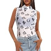 Western Mesh Tank Top Women Cowboy Rodeo See Through Mock Neck Sleeveless Tops Sexy Cowgirl Summer Going Out Outfit